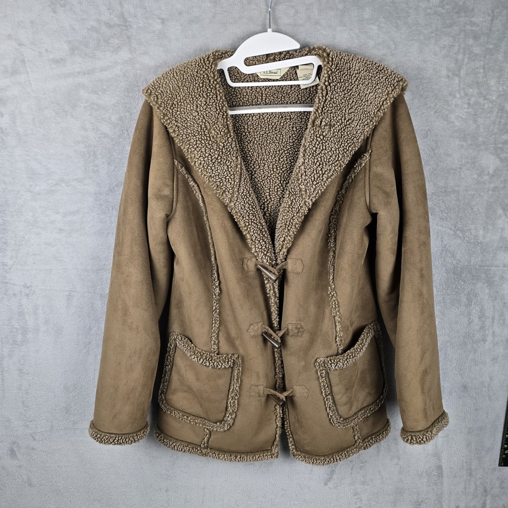 LL‎ Bean Womens Faux Suede Sherpa Lined Hooded Toggle Coat Brown Small Regular